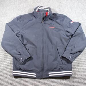 Tommy Hilfiger Men’s L Navy Bomber Jacket Red Mesh Lining Stripe Rib Trim